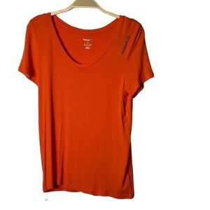 REEBOK. Orange activewear tee shirt  . Logos ,scoop neckline , longer cap sleeve